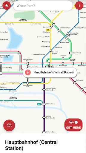 Hamburg metro network map interface with station selection field and GET HERE button for planning routes through Hamburg