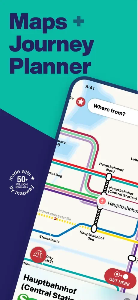 Hamburg Metro Maps + Journey Planner showing interactive transit network with colored metro lines and station location markers