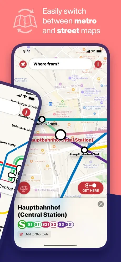 Hamburg Metro app feature to easily switch between metro transit map and street map views of Hamburg navigation