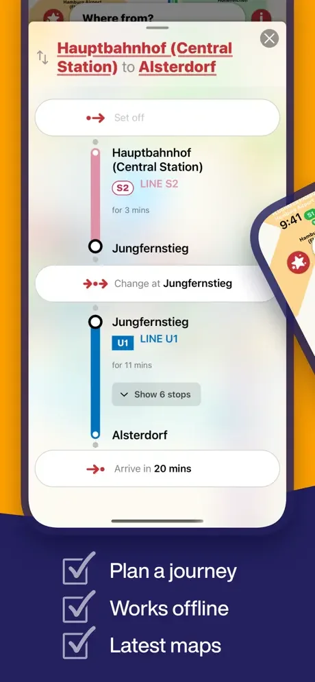 Hamburg Metro journey planner showing detailed route from Hauptbahnhof Central Station to Alsterdorf with transfer and timing