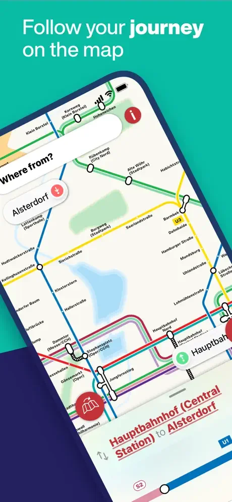 Hamburg Metro app showing live journey tracking and navigation on interactive transit map for Hamburg metro routes