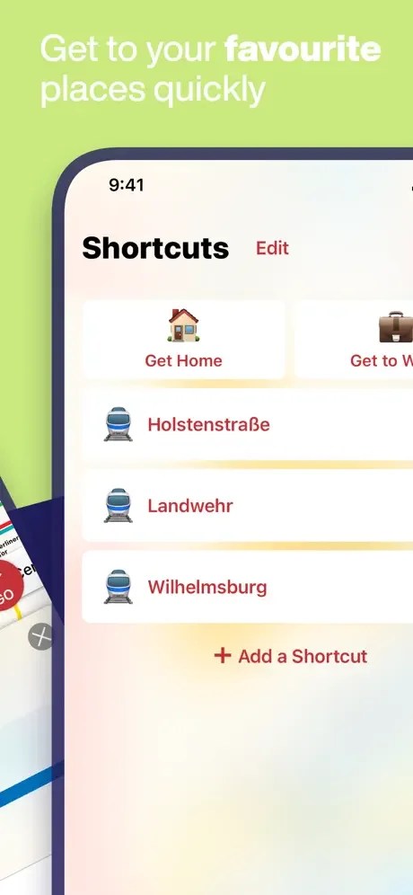 Hamburg Metro shortcuts feature displaying saved favorite transit locations and destinations for quick access to frequent trips