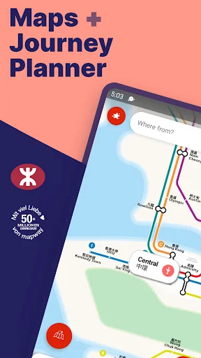 Hong Kong Metro Map app showing journey planner with colorful subway lines, stations, and navigation options
