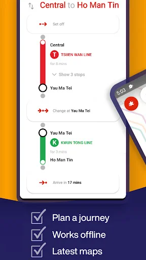 Route planning interface showing Central to Ho Man Tin journey with metro line transfers and timing information