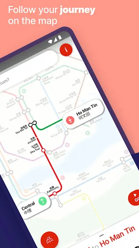 Follow your journey on interactive map showing highlighted metro route path with live journey tracking feature