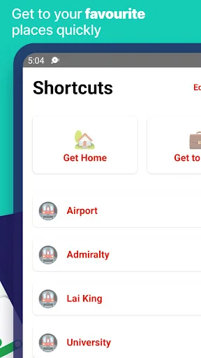 Shortcuts menu for quick access to favorite places including Airport, Admiralty, Lai King, and major stations