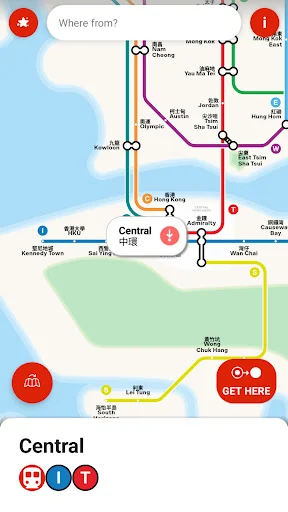 Interactive Hong Kong MTR metro map with colorful subway lines, stations, and search options for journey planning