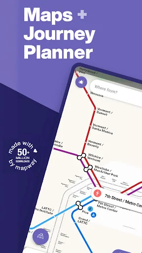 LA Metro maps and journey planner app interface displaying route planning with multiple colored transit lines and metro station stops