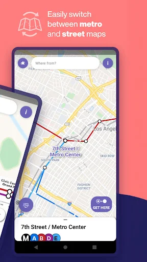 Mobile app screen showing easy switching between metro transit maps and street maps with route visualization and station information display