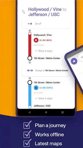Journey route planner displaying transit options from Hollywood Vine to Jefferson USC with multiple line choices, offline capability and latest maps