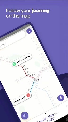 Real-time journey tracking on interactive metro map showing colored transit lines, stations, and navigation markers for route following