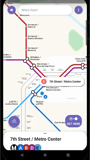 LA Metro interactive map with search functionality, multiple transit lines including M A B D E routes, station details and navigation options