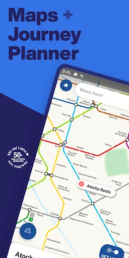 Madrid Metro Map app showing interactive metro map interface with colored transit lines, 50 metro lines available, and 'Where from?' search field for route planning
