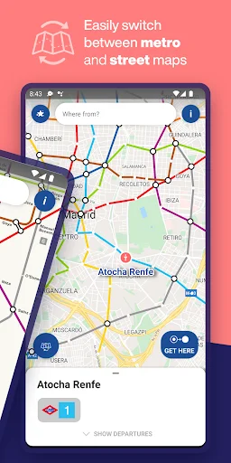 Feature demonstrating easy switching between Madrid metro and street maps with Atocha Renfe station selected and 'Get Route' button for navigation