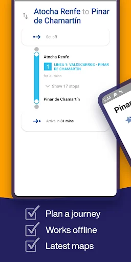 Route details screen showing journey from Atocha Renfe to Pinar de Chamartín via Línea 1, 31 minutes travel time, 17 stops, with offline and latest maps support