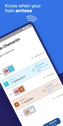 Real-time train arrivals feature displaying multiple metro lines with live arrival times and 'Live Now' indicators for journey tracking and train information
