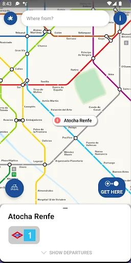 Madrid metro map interface with Atocha Renfe station card displayed and 'Get Here' button for navigating to selected metro station destinations