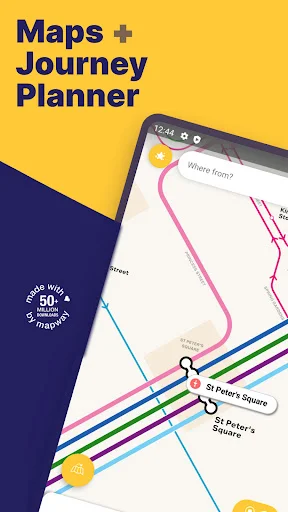 Manchester Metro maps and journey planner with interactive metro network showing colored lines for transit route planning
