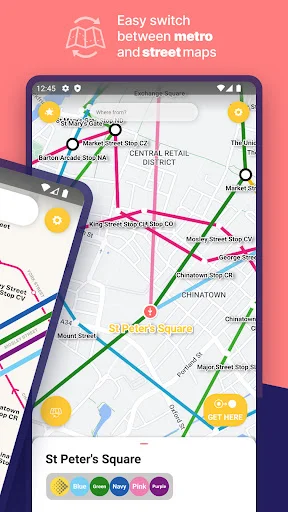 Metro and street map switching feature for St Peter's Square showing color-coded transit lines and travel information