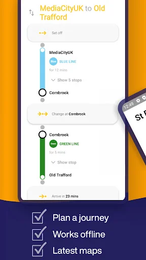 Journey planner showing route from MediaCityUK to Old Trafford with Blue and Green line options and offline travel access