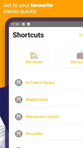 Manchester Metro shortcuts section with quick access to favorite locations including Home, St Peter's Square, and Manchester Airport
