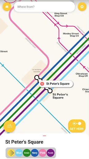 Map view with 'Where from?' search and GET HERE action for St Peter's Square location showing all available metro transit lines