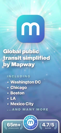 Mapway: Maps & Transit Planner promotional graphic showing app icon, major cities served including Washington DC, Chicago, Boston, LA, and Mexico City, with 65+ million downloads and 4.7-star rating
