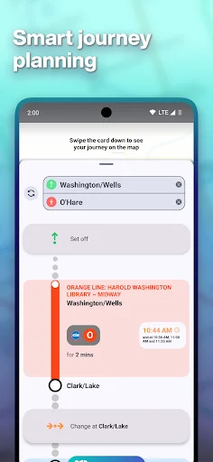 Smart journey planner showing transit route from Washington/Wells to O'Hare with real-time arrival times, transfer instructions, and complete trip timeline
