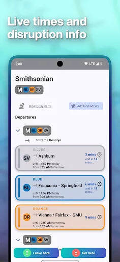Live transit times and disruptions display showing real-time departures for Smithsonian station with multiple transit lines and service alerts