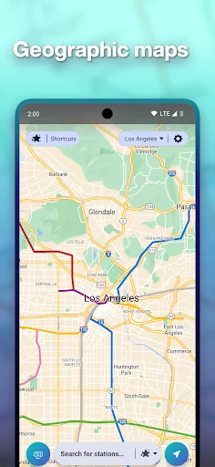 Geographic map view showing Los Angeles public transit network with colored route lines overlaid on street map layout and city landmarks
