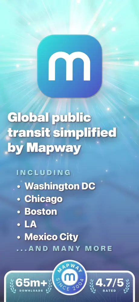 Mapway branding showcasing global public transit maps for major cities with 65 million downloads and 4.7 out of 5 rating