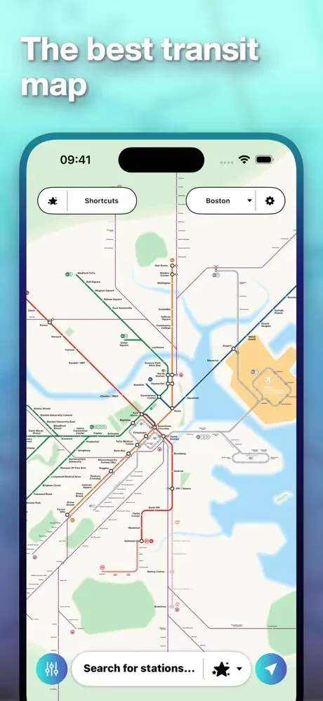 Mapway transit map displaying Boston's colored transit network lines and stations with search and shortcuts features