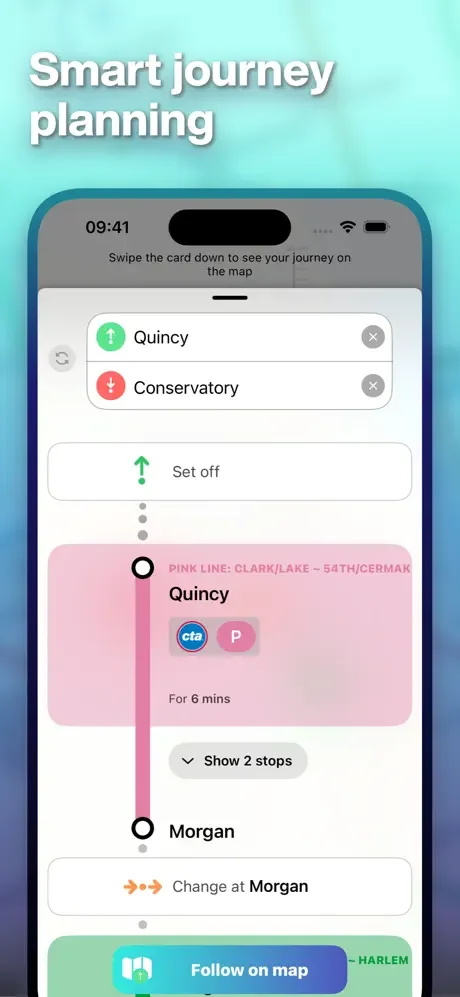 Mapway journey planner showing route from Quincy to Conservatory with stops, transfers, and follow on map option