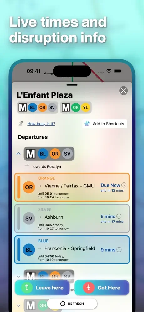 Mapway live transit times at L'Enfant Plaza showing real-time departures, arrival information, and disruption details