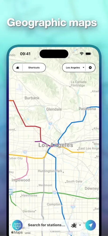 Mapway geographic transit map for Los Angeles showing colored transit lines overlaid on street and geographic map view