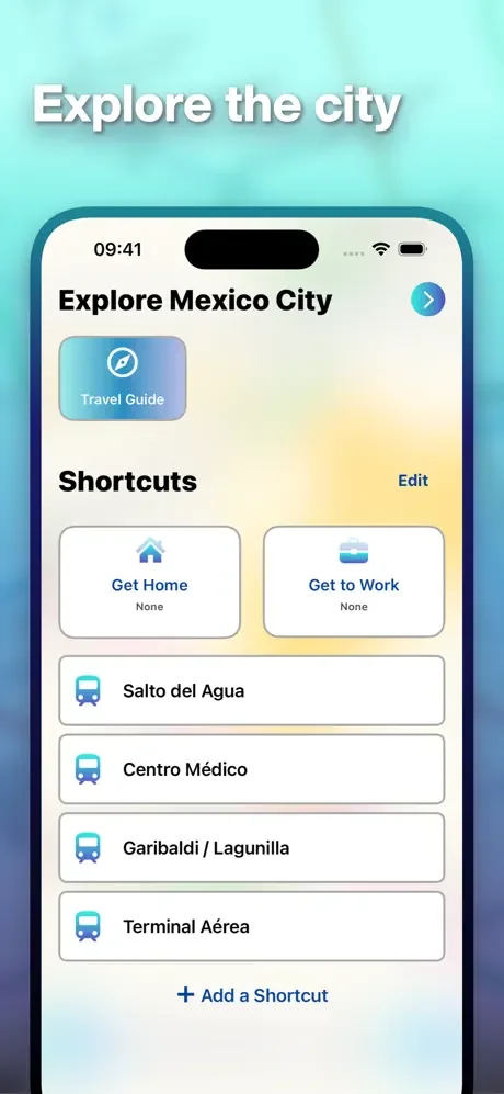 Mapway city exploration for Mexico City with travel guide, quick shortcuts for home and work, and saved locations