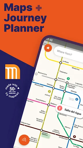 Mexico City Metro Map & Route Planner app interface displaying interactive metro map with yellow line and Salto del Agua station highlighted