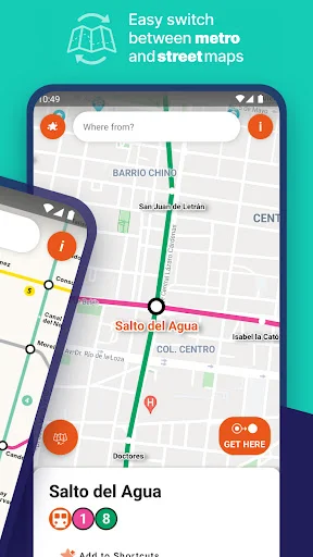 Easy switch feature between Mexico City street map and metro map views showing colored metro lines and station details overlay