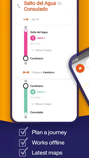 Route planning results screen showing journey from Salto del Agua to Consulado with stations, metro line numbers, travel times, and transfer information