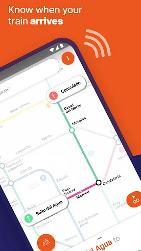 Real-time train arrival tracking feature displaying Mexico City metro map with WiFi connectivity for live departure information