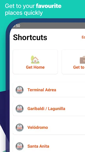 Shortcuts menu for quick access to favorite Mexico City locations including home, Terminal Aérea, Garibaldi, Velódromo, and Santa Anita