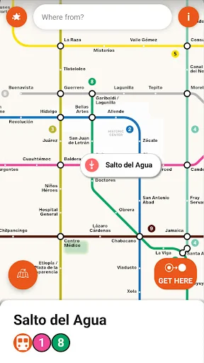 Full Mexico City metro map network view showing all colored lines with searchable stations and Salto del Agua station details with routing options
