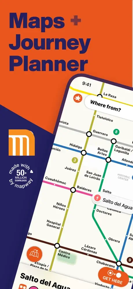 Mexico City Metro map journey planner app interface with route selection starting from a metro station location.