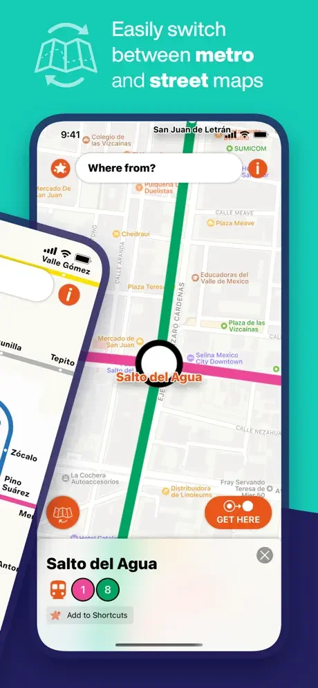 Mexico City Metro navigation app allowing users to switch between metro lines and street maps for journey planning.