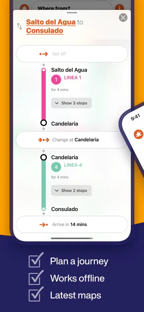 Journey planning route details from Salto del Agua to Consulado showing metro line transfers and arrival times.