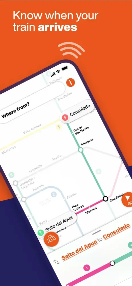 Mexico City Metro map with real-time train arrival notifications and location search functionality displayed.