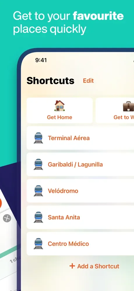 Shortcuts menu in Mexico City Metro app showing saved favorite destinations for quick navigation access.
