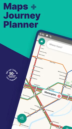 Munich metro map journey planner showing colored transit lines and where from destination search field