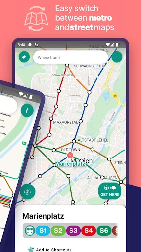 Easy switch between Munich metro and street map views of Marienplatz station with S-line line options