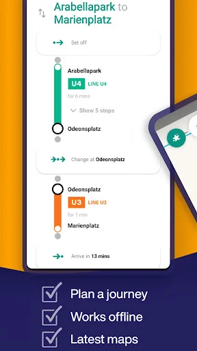 Munich Metro route planner showing journey from Arabellpark to Marienplatz with station transfers offline